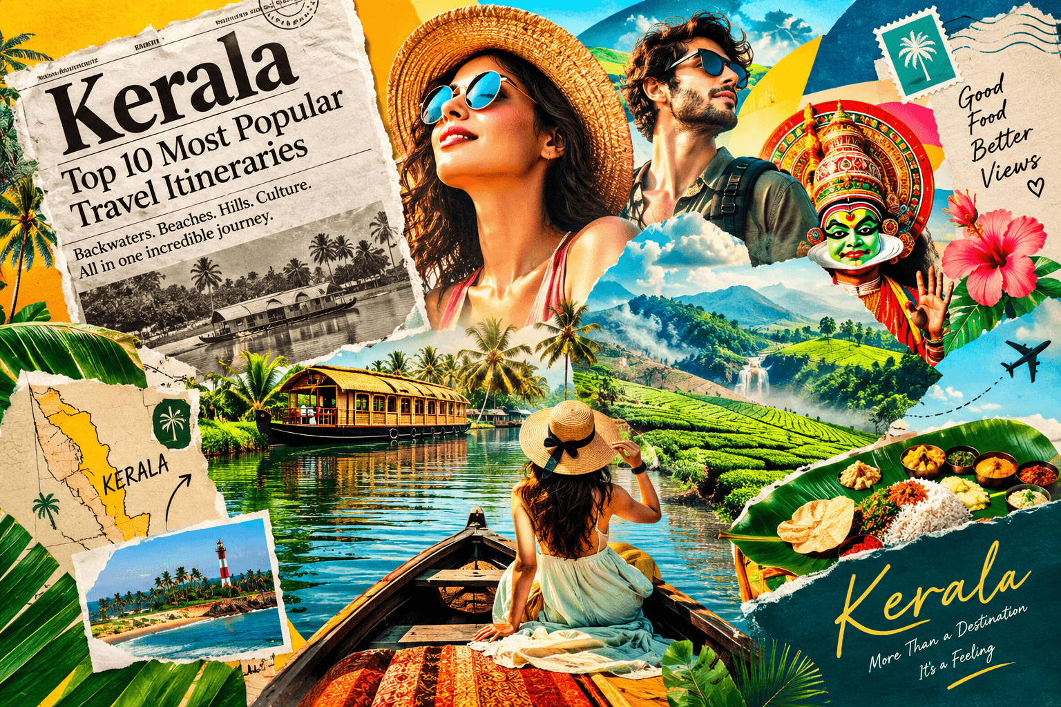 Kerala travel collage featuring houseboats, tea plantations, beaches, local cuisine and cultural experiences