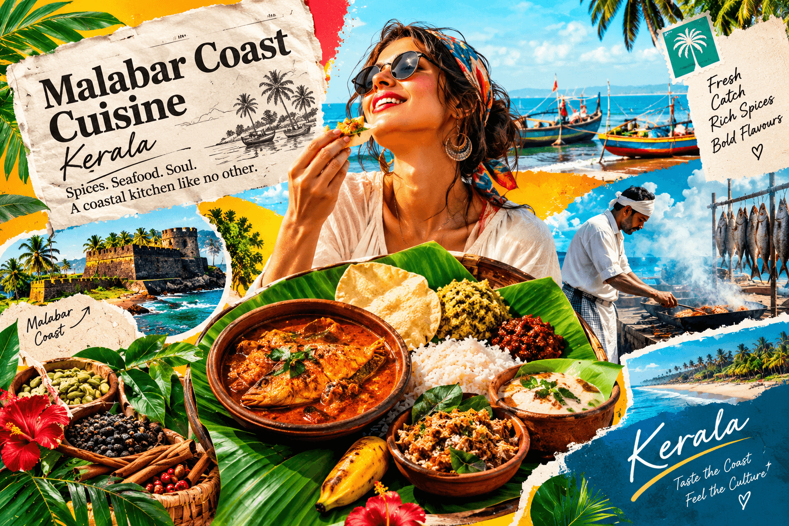 A colourful food-led visual celebrating Kerala's Malabar Coast, featuring traditional regional dishes, seafood, spices and coastal scenery. The image captures the connection between northern Kerala's culinary heritage and its coastal identity.