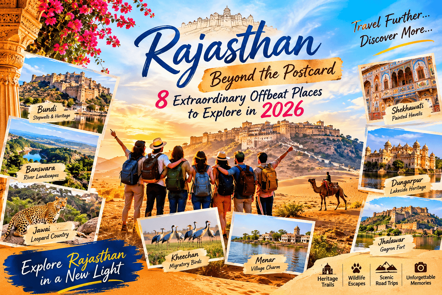 A vibrant Rajasthan travel collage showcasing lesser-known destinations, including historic stepwells, painted havelis, granite hills, rural villages, desert scenery and lakeside heritage architecture.